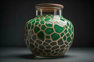 ai generiert Glas Vase mit geometrisch Muster auf dunkel Hintergrund. ai generativ foto