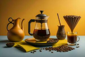 ai generiert Kaffee im ein Glas Teekanne und Kaffee Bohnen auf ein Gelb Hintergrund. generativ ai foto