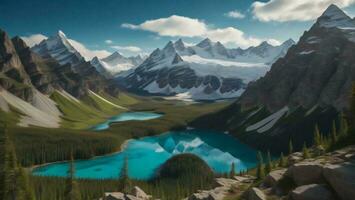 ai generiert Panorama- Aussicht von Gletscher See und Berge. generativ ai foto