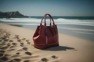 ai generiert rot Leder Tasche auf das Strand mit Sand Dünen im das Hintergrund. generativ ai foto