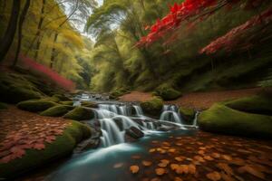 ai generiert Herbst Wald mit ein Wasserfall und gefallen Blätter, generativ ai foto