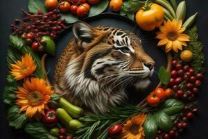 ai generiert Tiger Kopf umgeben durch Herbst Gemüse und Kräuter auf schwarz Hintergrund. generativ ai foto