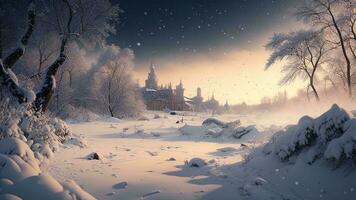 ai generiert schön Winter Landschaft mit Schnee bedeckt Bäume und Kirche beim Nacht. generativ ai foto