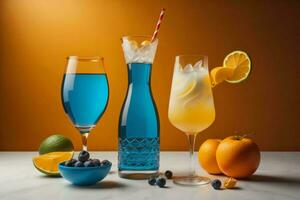 ai generiert Blau Cocktails mit Kalk, Orange und Blaubeere auf ein Gelb Hintergrund. ai generiert foto