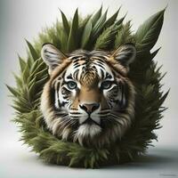 ai generiert sibirisch Tiger Kopf mit tropisch Blätter. generativ ai foto