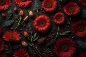 ai generiert Blumen Komposition. rot Gerbera Blumen auf schwarz Hintergrund. eben legen, oben Sicht, Kopieren Raum. generativ ai foto