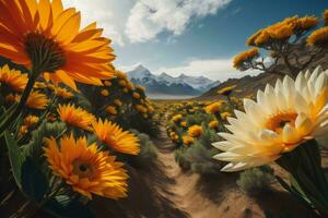 ai generiert Blumen im das Wüste mit Berge im das Hintergrund, generativ ai foto