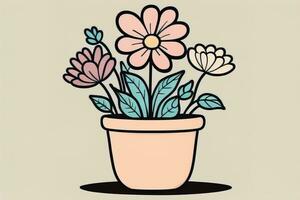 ai generiert Illustration von ein Blumentopf mit Rosa und Blau Blumen auf ein grau Hintergrund. ai generativ foto