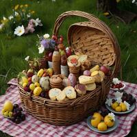 ai generiert Korbweide Korb mit anders Arten von Käse und Obst im das Garten. generativ ai foto