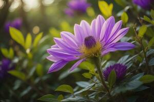 ai generiert lila Dahlie Blume im das Garten. generativ ai foto