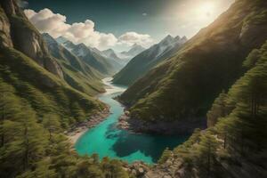 ai generiert schön Berg Landschaft mit Fluss und Blau Himmel. generativ ai foto