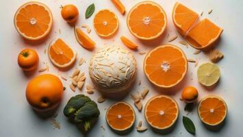 ai generiert Cupcake mit Mandarinen, Zitronen und Orangen auf Weiß Hintergrund. ai generiert foto