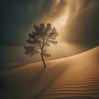 ai generiert einsam Baum im das Wüste mit Sand Dünen und wolkig Himmel. generativ ai foto