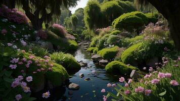 ai generiert schön japanisch Garten mit Blühen Blumen und Teich. Frühling. generativ ai foto