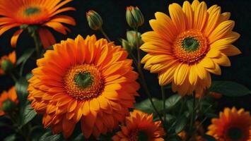 ai generiert schön Orange Gerbera Gänseblümchen Blumen auf schwarz Hintergrund. generativ ai foto