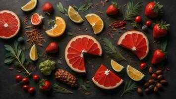ai generiert Zitrusfrüchte Früchte auf ein schwarz Hintergrund. Grapefruit, orange, Zitrone, Kalk, Cranberry. oben Sicht. generativ ai foto