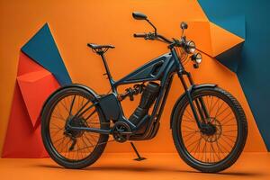 ai generiert modern schwarz Berg Fahrrad auf Orange und Blau Hintergrund. generativ ai foto