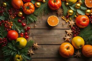 ai generiert Weihnachten oder Neu Jahr Hintergrund mit Orangen, Äpfel, Beeren und Tanne Geäst. generativ ai foto