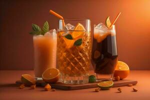 ai generiert Brille von Cocktail mit Eis Würfel, Orange Scheiben und Minze Blätter auf braun Hintergrund. generativ ai foto