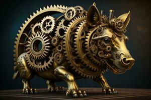 ai generiert Gold Metall Schweinchen Bank mit Getriebe und Zahnräder auf ein dunkel Hintergrund. generativ ai foto