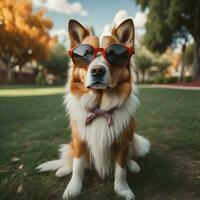 ai generiert Porträt von ein rothaarig Corgi Hund mit Sonnenbrille im das Park. generativ ai foto