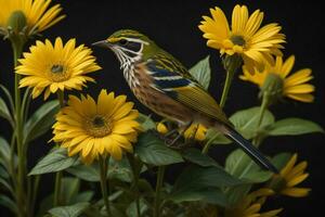 ai generiert Rotkehlchen Schilf mit Gelb Blumen auf ein schwarz Hintergrund. generativ ai foto