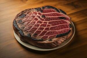 ai generiert geschnitten Rindfleisch Steak auf ein Teller auf ein hölzern Hintergrund. generativ ai foto