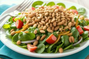 ai generiert Salat mit Rucola, Erdnüsse, Tomaten und Kiefer Nüsse. generativ ai foto