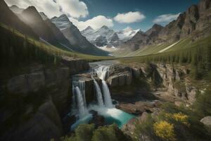 ai generiert schön Wasserfall im das Berge. generativ ai foto