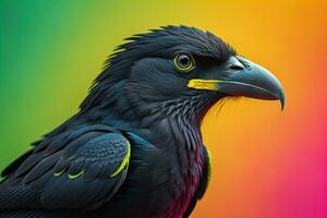 ai generiert Porträt von ein schwarz Vogel Nahansicht auf ein bunt Hintergrund. generativ ai foto