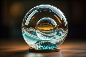 ai generiert transparent Kristall Ball auf ein hölzern Tisch. ai generativ foto