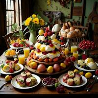 ai generiert Obst Kuchen mit ausgepeitscht Sahne und frisch Früchte auf ein hölzern Tisch. generativ ai foto