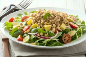 ai generiert Salat mit Kiefer Nüsse und frisch Gemüse auf Weiß Platte, horizontal. generativ ai foto