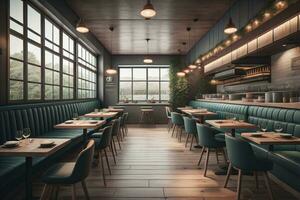 ai generiert Innere von ein modern Cafe mit Blau Wände und hölzern Boden. ai generativ foto