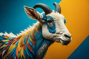 ai generiert Porträt von ein Ziege mit Hörner auf ein Blau und Orange Hintergrund. ai generiert foto