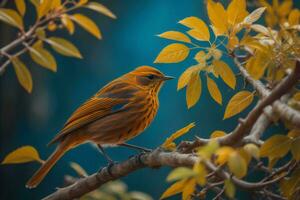 ai generiert rot Vogel auf ein Ast mit Herbst Blätter im das Hintergrund. getönt. generativ ai foto