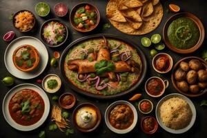 ai generiert Gruppe von indisch Essen beinhaltet Paneer Butter Masala, dal Machani, Palak Paneer, aloo paratha. ai generiert foto