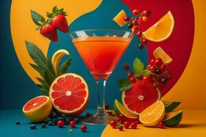 ai generiert Cocktail mit Beeren und Früchte auf ein Blau und Orange Hintergrund. generativ ai foto