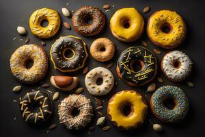 ai generiert Vielfalt von Donuts auf ein solide Farbe Hintergrund. oben Sicht. ai generativ foto