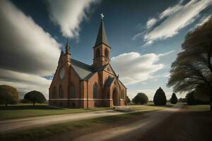 ai generiert Kirche im das Mitte von ein Land Straße. generativ ai foto