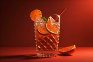 ai generiert Cocktail mit orange, Limette und Minze auf ein rot Hintergrund. ai generiert foto