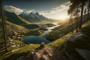 ai generiert schön Berg Landschaft mit See und Berge beim Sonnenuntergang, Schweiz. generativ ai foto