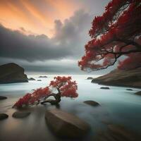 ai generiert Landschaft mit rot Baum auf das Strand beim Sonnenuntergang. generativ ai foto