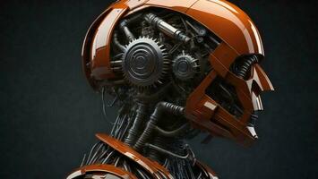 ai generiert Roboter oder Cyborg Kopf mit Ausrüstung Räder auf schwarz Hintergrund. generativ ai foto