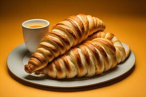 ai generiert frisch gebacken Croissants auf ein hölzern Tisch, schließen hoch. ai generativ foto