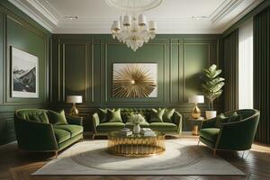 ai generiert klassisch Grün Innere mit Sofa, Sessel, Kaffee Tabelle und Gemälde auf Mauer. generativ ai foto