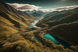 ai generiert Fantasie Landschaft mit See und Berge. generativ ai foto