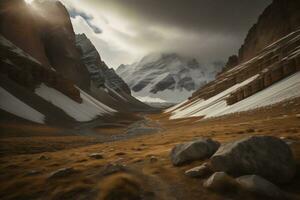 ai generiert Berg Landschaft mit Schnee und Felsen. generativ ai foto