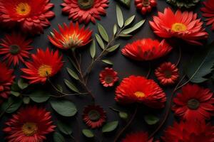 ai generiert rot Gerbera Blumen und Eukalyptus Blätter auf schwarz Hintergrund. generativ ai foto