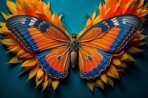 ai generiert Schmetterling mit Orange Blume auf Blau Hintergrund. generativ ai foto